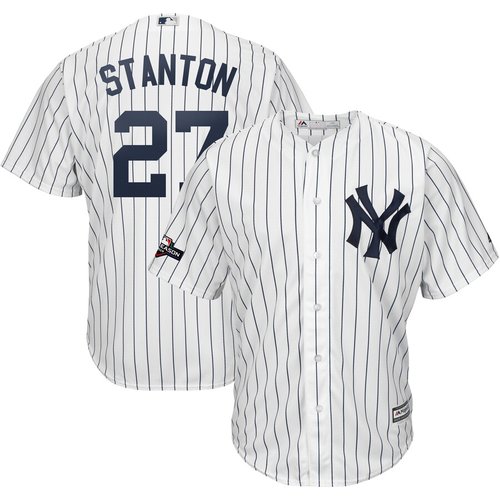 New York Yankees #27 Giancarlo Stanton Majestic 2019 Postseason Official Cool Base Player White Navy Jersey