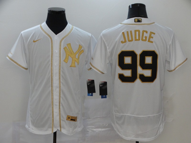 Men's New York Yankees #99 Aaron Judge White Golden Stitched MLB Flex Base Nike Jersey