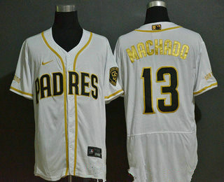 Men's San Diego Padres #13 Manny Machado White Golden Stitched MLB Flex Base Nike Jersey