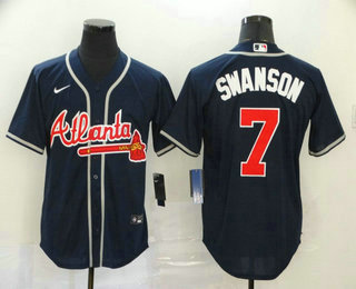 Men's Atlanta Braves #7 Dansby Swanson Navy Blue Stitched MLB Cool Base Nike Jersey