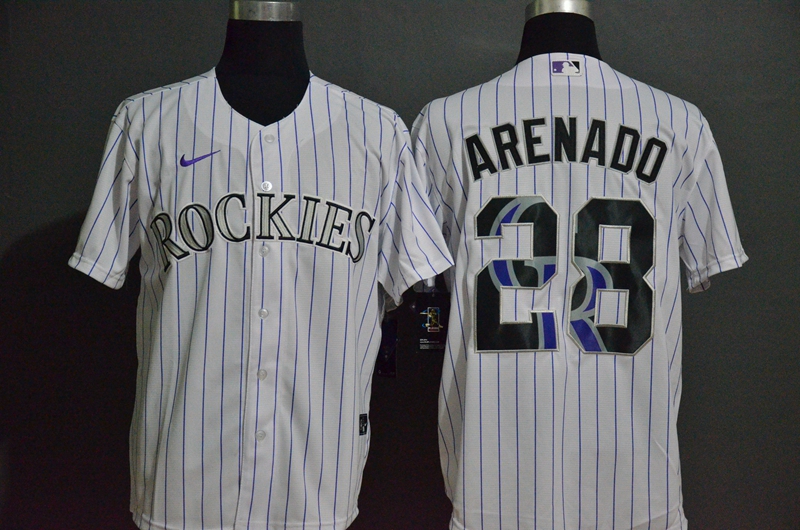 Men's Colorado Rockies #28 Nolan Arenado White Team Logo Stitched MLB Cool Base Nike Jersey