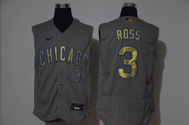 Men's Chicago Cubs #3 David Ross Grey Gold 2020 Cool and Refreshing Sleeveless Fan Stitched Flex Nike Jersey