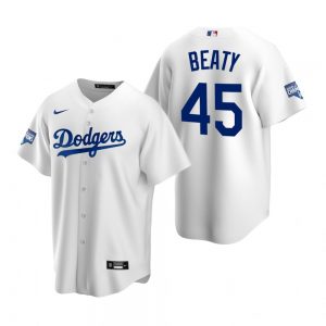 Men’s Los Angeles Dodgers #45 Matt Beaty White 2020 World Series Champions Replica Jersey