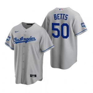 Men’s Los Angeles Dodgers #50 Mookie Betts Gray 2020 World Series Champions Road Replica Jersey