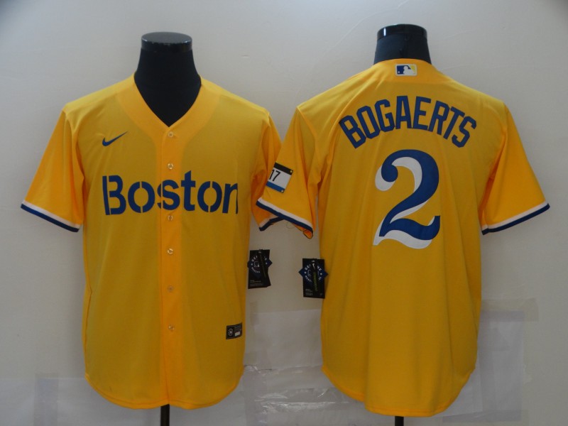 Men's Boston Red Sox #2 Xander Bogaerts Gold No Name 2021 City Connect Stitched MLB Cool Base Nike Jersey