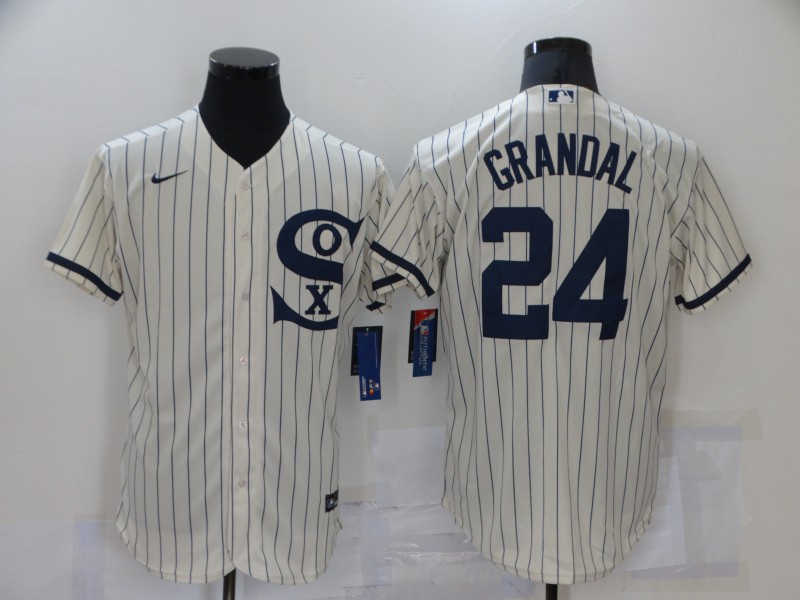 Men's Chicago White Sox #24 Yasmani Grandal 2021 Cream Navy Field of Dreams Name Flex Base Stitched Jersey