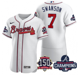 Men's White Atlanta Braves #7 Dansby Swanson 2021 World Series Champions With 150th Anniversary Flex Base Stitched Jersey