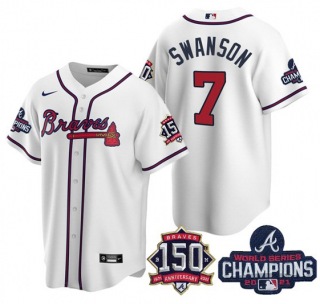 Men's White Atlanta Braves #7 Dansby Swanson 2021 World Series Champions With 150th Anniversary Patch Cool Base Stitched Jersey