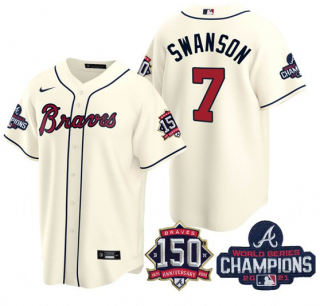 Men's Cream Atlanta Braves #7 Dansby Swanson 2021 World Series Champions With 150th Anniversary Patch Cool Base Stitched Jersey