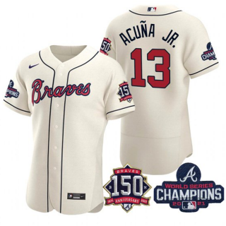 Men's Cream Atlanta Braves #13 Ronald Acuna Jr. 2021 World Series Champions With 150th Anniversary Flex Base Stitched Jersey