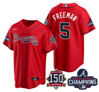 Men's Red Atlanta Braves #5 Freddie Freeman 2021 World Series Champions With 150th Anniversary Patch Cool Base Stitched Jersey