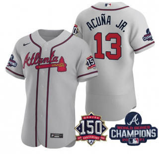 Men's Grey Atlanta Braves #13 Ronald Acuna Jr. 2021 World Series Champions With 150th Anniversary Flex Base Stitched Jersey