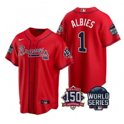 Men Atlanta Braves 1 Ozzie Albies 2021 Red World Series With 150th Anniversary Patch Cool Base Stitched Jersey