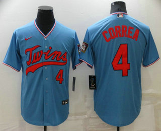 Men's Minnesota Twins #4 Carlos Correa Light Blue Pullover Throwback Cooperstown Nike Jersey