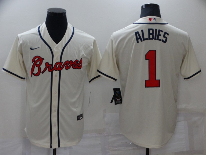 Men's Atlanta Braves #1 Ozzie Albies Cream Cool Base Stitched Jersey