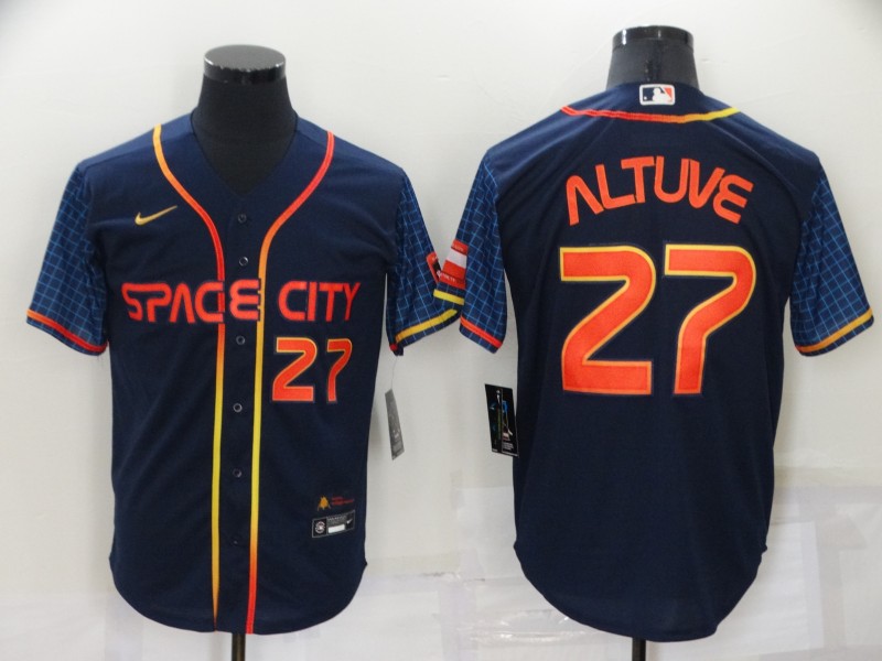 Men's Houston Astros #27 Jose Altuve Number 2022 Navy Blue City Connect Cool Base Stitched Jersey