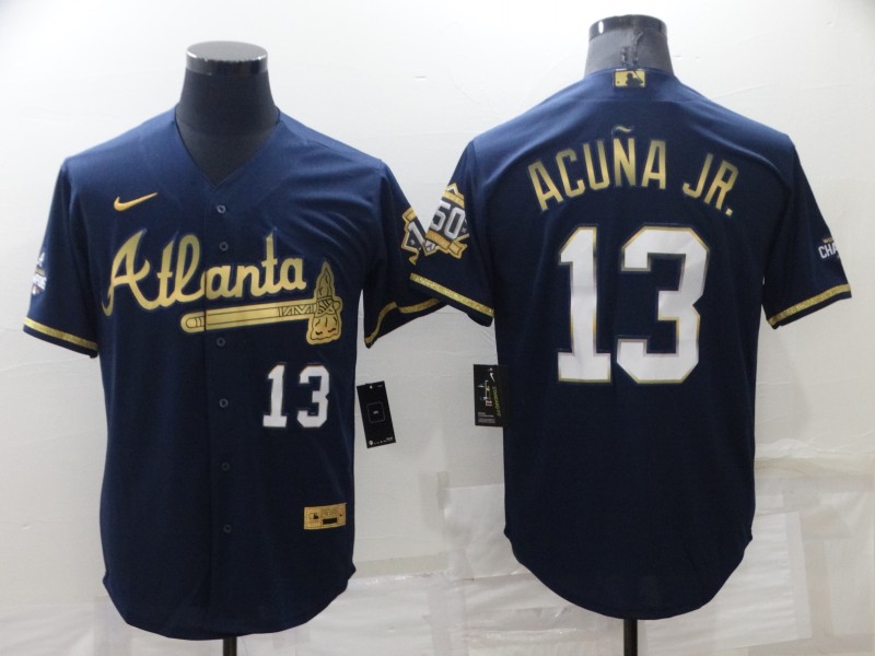 Men's Atlanta Braves #13 Ronald Acuna Jr Navy Blue 2021 World Series Champions Golden Edition Stitched Cool Base Nike Jersey