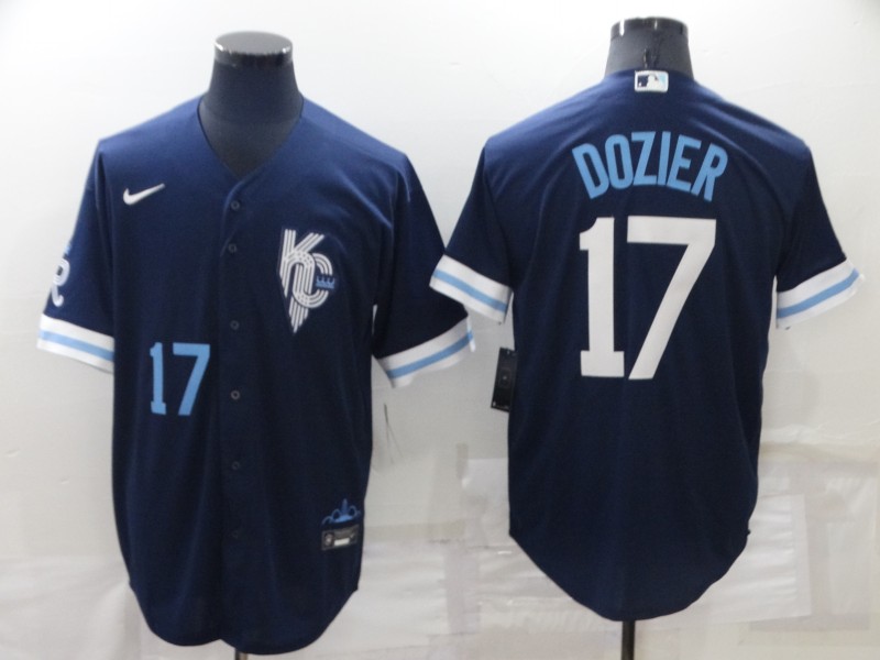 Men's Kansas City Royals #17 Hunter Dozier Number 2022 Navy Blue City Connect Cool Base Stitched Jersey