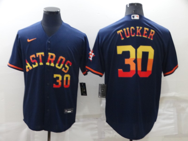 Men's Houston Astros #30 Kyle Tucker Number Navy Blue Rainbow Stitched MLB Cool Base Nike Jersey