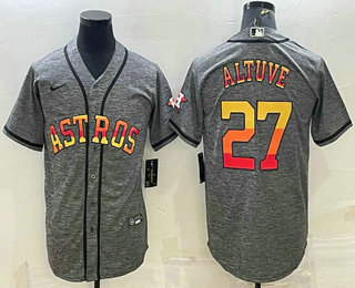 Men's Houston Astros #27 Jose Altuve Grey Gridiron With Patch Cool Base Stitched Baseball Jersey