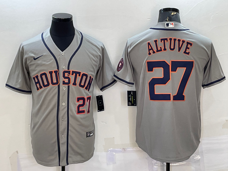 Men's Houston Astros #27 Jose Altuve Number Grey With Patch Stitched MLB Cool Base Nike Jersey