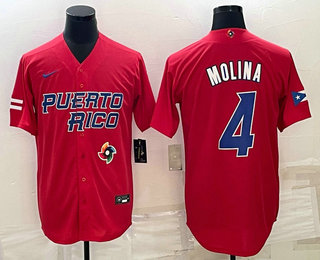 Men's Puerto Rico Baseball #4 Yadier Molina 2023 Red World Baseball Classic Stitched Jersey