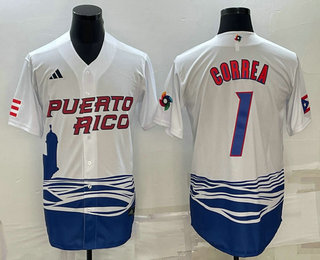 Men's Puerto Rico Baseball #1 Carlos Correa White 2023 World Baseball Classic Stitched Jerseys