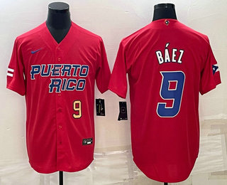 Men's Puerto Rico Baseball #9 Javier Baez Number 2023 Red World Baseball Classic Stitched Jerseys