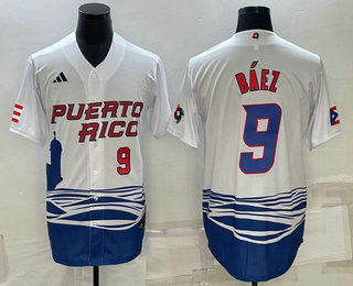 Men's Puerto Rico Baseball #9 Javier Baez Number White 2023 World Baseball Classic Stitched Jersey