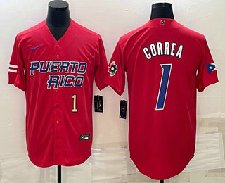 Men's Puerto Rico Baseball #1 Carlos Correa Number 2023 Red World Baseball Classic Stitched Jerseys