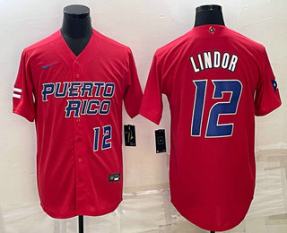 Men's Puerto Rico Baseball #12 Francisco Lindor Number 2023 Red World Baseball Classic Stitched Jerseys