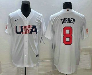 Men's USA Baseball #8 Trea Turner 2023 White World Baseball Classic Stitched Jersey