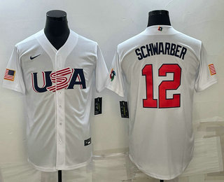 Men's USA Baseball #12 Kyle Schwarber 2023 White World Baseball Classic Stitched Jersey