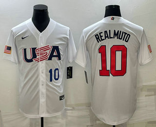 Mens USA Baseball #10 JT Realmuto Number 2023 White World Baseball Classic Stitched Jersey