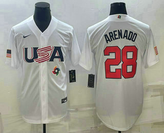 Men's USA Baseball #28 Nolan Arenado 2023 White World Baseball Classic Replica Stitched Jerseys