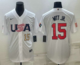 Mens USA Baseball #15 Bobby Witt Jr Number 2023 White World Baseball Classic Replica Stitched Jersey