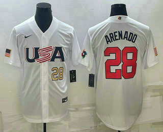 Mens USA Baseball #28 Nolan Arenado Number 2023 White World Baseball Classic Replica Stitched Jersey