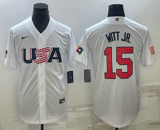 Men's USA Baseball #15 Bobby Witt Jr Number 2023 White World Baseball Classic Replica Stitched Jersey2