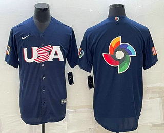 Men's USA Baseball Blank 2023 Navy World Baseball Big Logo Classic Stitched Jerseys