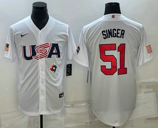 Men's USA Baseball #51 Brady Singer 2023 White World Baseball Classic Stitched Jersey