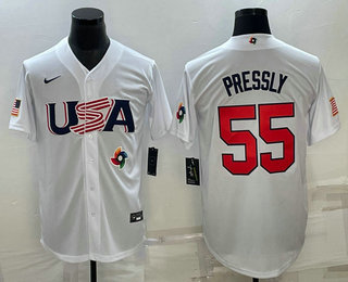 Men's USA Baseball #55 Ryan Pressly 2023 White World Baseball Classic Stitched Jersey