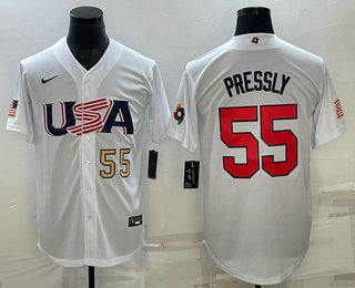 Mens USA Baseball #55 Ryan Pressly Number 2023 White World Baseball Classic Stitched Jersey