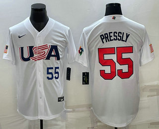 Men's USA Baseball #55 Ryan Pressly Number 2023 White World Baseball Classic Stitched Jersey