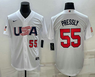 Men's USA Baseball #55 Ryan Pressly Number 2023 White World Baseball Classic Stitched Jerseys