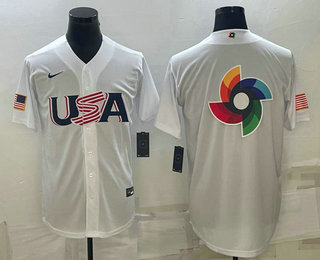 Men's USA Baseball 2023 White World Baseball Big Logo With Patch Classic Replica Stitched Jersey