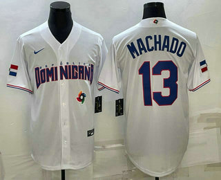 Men's Dominican Republic Baseball #13 Manny Machado 2023 White World Baseball Classic Stitched Jersey