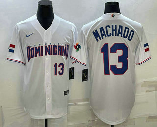 Mens Dominican Republic Baseball #13 Manny Machado Number 2023 White World Baseball Classic Stitched Jersey