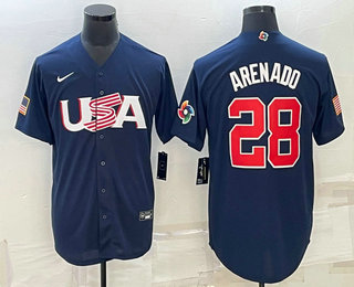 Men's USA Baseball #28 Nolan Arenado 2023 Navy World Baseball Classic Stitched Jersey