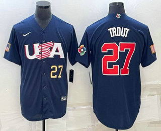 Mens USA Baseball #27 Mike Trout Number 2023 Navy World Baseball Classic Stitched Jersey