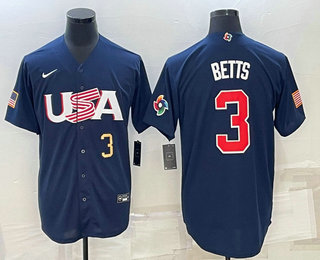 Mens USA Baseball #3 Mookie Betts Number 2023 Navy World Baseball Classic Stitched Jersey